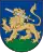 A coat of arms depicting a golden lion holding a silver-bladed sword in its mouth with a golden hilt and standing on green turf all on a blue background