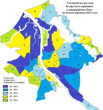 Удельный вес (%) русских, белорусов и украинцев (суммарно) в населении микрорайонов Риги (2011)