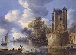 Речной пейзаж с крепостью. Холст, масло. Частное собрание