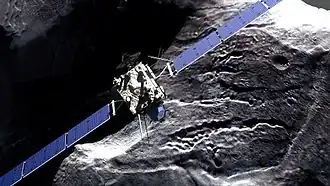 Пролёт зонда «Розетта» близ кометы (кадр из фильма Chasing a Comet — The Rosetta Mission)