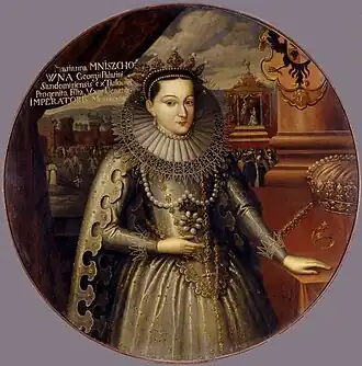 «Марьяна Мнишковна Георгия воеводы Сандомирского дочь, супруга Императора Московии» (в коронационном платье — портрет из замка Мнишков в Вишневце), Шимон Богушович, ок. 1606