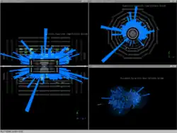 Компьютерное моделирование сброса пучка протонов на вольфрамовый блок вверх по пучку CMS в первый день работы ускорителя LHC, сентябрь 2008 года