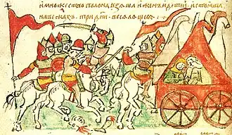 Нападение русских на половецкие кочевья. Миниатюра из Радзивиловской летописи