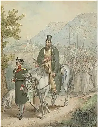 Русский полковой священник на лошади во время Заграничных походов (1813—1814). Литография Опица.