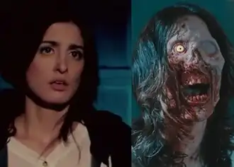 Саманта Скаффиди в роли Виктории Хейз до обезображивания в фильме «Ужасающий» (2016) и после обезображивания в фильме «Ужасающий 2» (2022)