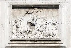 Святой Рох исцеляет жертвы чумы. Между 1765 и 1769. Рельеф фасада церкви Сан-Рокко, Венеция