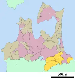 Расположение уезда Саннохе (жёлтый цвет) на карте префектуры Аомори