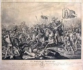 Епископ Хильдесхайма Герхард фон Берге в доспехах на коне с реликварием Марии в левой руке, рядом с ним - всадник с флагом Богоматери, слева герцог - Магнус II со своими рыцарями. Литография Р. Брокхоффа, Хильдесхайм, около 1840 г..