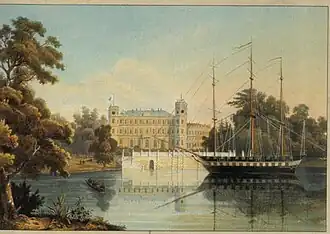 18-пушечный плоскодонный фрегат Эмпренабль (Неприступный) — флагман гатчинской флотилии, построенный в местном Адмиралтействе на Белом озере, на литографии Шульца с оригинала И. Я. Мейера