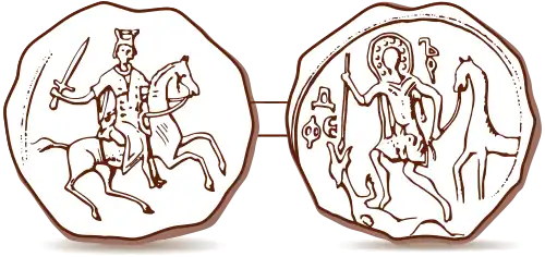 Печать Александра Невского (лицевая и оборотная стороны) с изображениями самого князя в виде всадника и святого Феодора Стратилата.После 1236 года