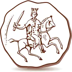 ПечатьАлександра Невского (лицевая сторона) с изображением самого князя в виде всадника. После 1236 года