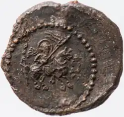 Печать князя Мстислава Удатного с изображением всадника — святого Феодора Тирона (по другой версии — это печать князя Фёдора Ярославича).XIII век