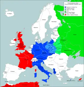 Раздел Польши. Справа — территории, оккупированные советскими войсками РККА; слева — войсками немецкого Вермахта.