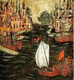 Приведение корабля итальянского купца в Мир (Чудо о купце). Клеймо иконы «Святой Николай».