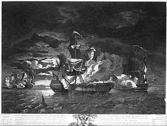 HMS Serapis (справа) против Bonne Homme Richard в бою у мыса Фламборо-Хед