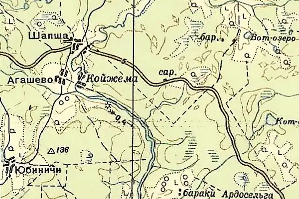 Деревня Шапша на карте РККА 1940 года