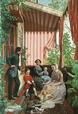 Семейный портрет. На балконе (изображены: художник, его жена, тёща и дети: Кронид, Евгений и Лидия. 1851.