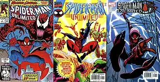 Обложки 1-х выпусков всех серий Spider-Man Unlimited. Слева направо: Spider-Man Unlimited (1993 г.), Spider-Man Unlimited Vol. 2 (1999 г.), Spider-Man Unlimited Vol. 3 (2004 г.).