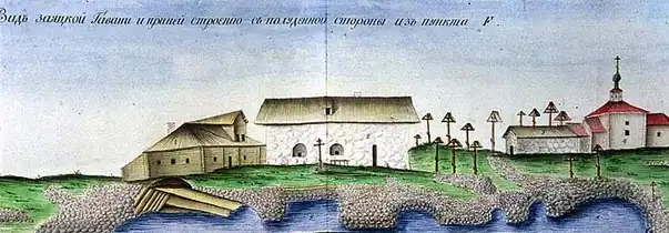 Андреевский скит с гаванью и причалом.Рисунок с натуры. Конец XVIII века.