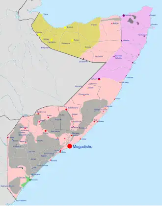 Сомали:
     Под контролем Федерального правительства Сомали, а также, миротворческих миссий Африканского союза и США
     Под контролем автономного района Пунтленд
     Под контролем ополчений Джубаленда
Исламистские повстанцы:
     Под контролем Аль-Каиды (Харакат аш-Шабаб)
     Под контролем Исламского государства (Вилаят Сомали)
Сомалиленд:
     Под контролем cамопровозглашённой Республики Сомалиленд