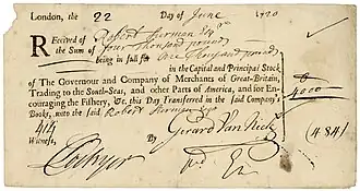 Акция Компании Южных морей в размере 1000 фунтов стерлингов (10 штук по 100 фунтов стерлингов каждая), выпущенная в Лондоне 22 июня 1720 года, оплаченная по рыночной цене в 4000 фунтов стерлингов, составлявшей в то время 400 процентов