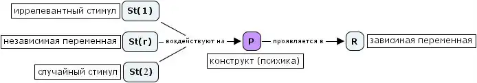 St(r) — релевантные стимулы, St(1) — иррелевантные стимулы, St(2) — случайные стимулы, R — реакция испытуемого, P — личность испытуемого, его психика
