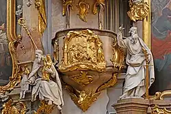 Кафедра церкви Вознесения Девы Марии. 1757–1765. Статуя Святого Руперта (слева), статуя Святого Павла (справа)