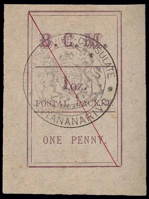 1884: надпись «B. C. M.» («British Consular Mail» — «Британская консульская почта») (Sc #1)