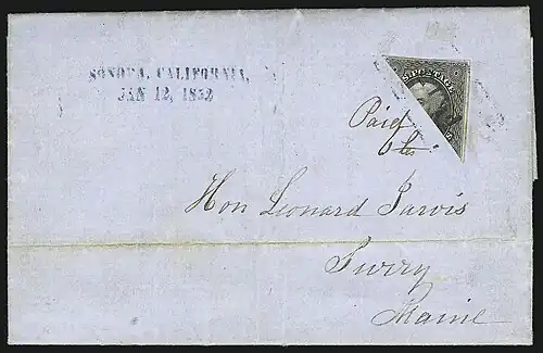 Конверт Сонора, Калифорния, США, 1852-1-12, с половиной марки США, 1951-7-1  (
Mi #7;
Sc #17;
SG #19;
Yt #8
)