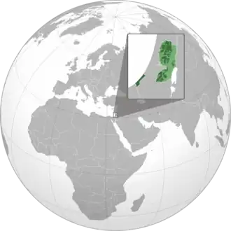 Территория, занимаемая Палестиной (зелёный). 
Территория, находящаяся под полным контролем Израиля (светло-зелёный)