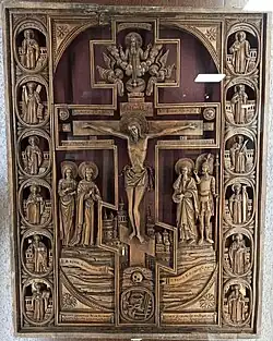 Стихира Кресту. По краям — двенадцать апостолов, в верхней части — Саваоф, XIX век