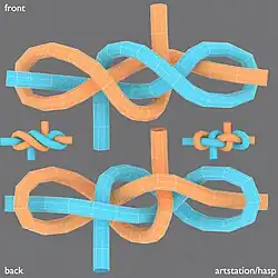 Узел трансформатор, symmetrical hawser bend #1.Может принимать 3 вида соединения. У. затянутый за коренные концы, принимает компактную форму, после снятия нагрузки легко развязать. Если затянуть за ходовые концы, то получится лиановый У.