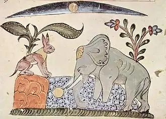 Заяц, царь слонов и отражение луны в ручье. Сирийская иллюстрация к «Калиле и Димне», 1354 год.