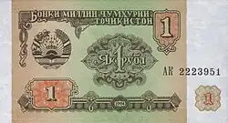 Таджикский рубль 1994 (лицевая сторона, повторяющая 1 рубль СССР 1961)