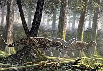 Реконструкция пары Tarascosaurus, преследующих игуанодонта