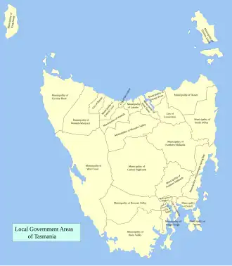 Карта районов местного самоуправления Тасмании.