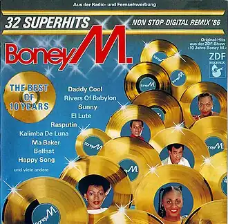 Обложка альбома Boney M. «The Best of 10 Years – 32 Superhits» (1986)
