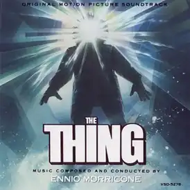 Обложка альбома Эннио Морриконе «The Thing — Original Motion Picture Soundtrack (переиздание)Ennio Morricone – The Thing, Reissue 1991, Varèse Sarabande, VSD-5278 на сайте [[discogs.com]]  (неопр.). Дата обращения: 2011. Архивировано 15 января 2013 года. (англ.)Ennio Morricone – The Thing, Reissue 1991, Varèse Sarabande, VSD-5278 на сайте [[allmusic.com]]  (неопр.). Дата обращения: 2011. Архивировано 31 мая 2012 года. (англ.)» ()