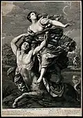 Кентавр Несс похищает Деяниру. По картине Г. Рени. Офорт, резец