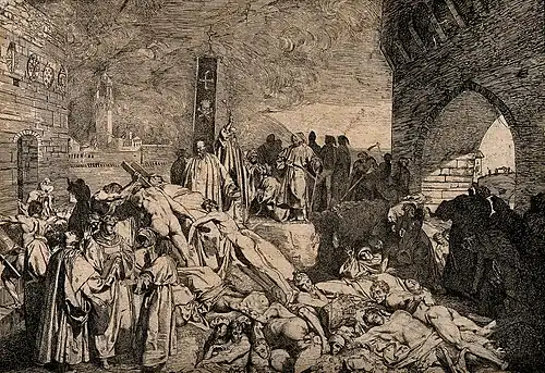 Чума во Флоренции 1348 года. Сцена из «Декамерона» Бокаччо. Офорт