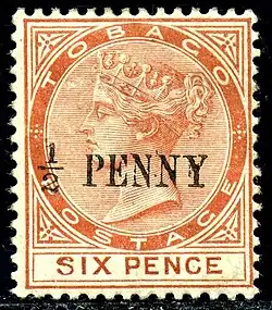 1887: надпечатка ½ пенни на марке в 6 пенсов (Mi #27)