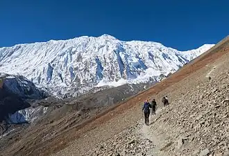 Туристы на высоте 4500 метров, следующие вдоль склонов горного массива Аннапурна