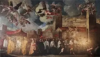 Франческо Маффеи.  Перенесение мощей святых Доминатора, Павла и Анастасия, епископов Брешиа.  Фреска из Старого кафедрального собора Брешиа