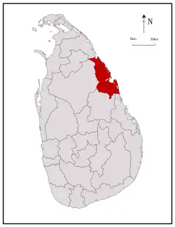 Area map of Trincomalee District, along the north eastern coast with its south western border extending inwards, in the Eastern Province of Sri Lanka