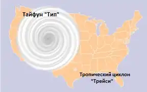 Сравнительные размеры тропических циклонов: тайфун «Тип» и циклон «Трейси» над территорией США