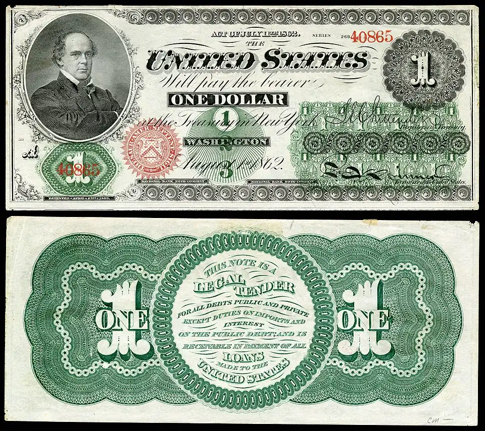 Банкноты времён Гражданской войны (Greenbacks). 1 доллар, 1862 г.