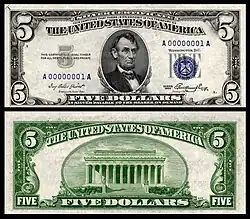 $5 Silver Certificate, Series 1953, Fr.1655, depicting Abraham Lincoln