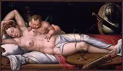 Школа В. Кея. Венера и купидон. 1540. Дерево, масло. Художественная галерея, Виннипег, Канада