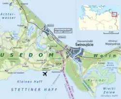 Карта Херингсдорф в приморских районах Альбек и Bansin и соседнем городе Swinemünde / Свиноуйсьце в Польше