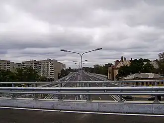 Вид на улицу Славу с третьего яруса развязки Южного моста с ул. Маскавас